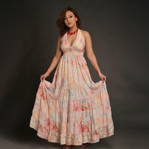 Printed Silk Maxi <b>Dress</b> for Women Boho Halter Neck Smocked Party <b>Dress</b> Eco friendly Wrinkle Free & Comfortable Maxi <b>Dress</b> - Product Image 1