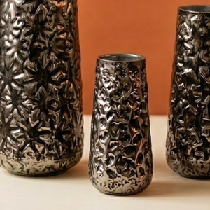 Luxury Silver Embossed <b>Metal</b> Flower Vase Modern Floral Pattern Textured Handcrafted Home Decor Table Centerpiece Single <b>Unit</b> - Product Image 5