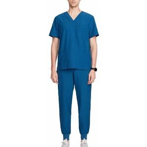 Trending Nursing Suit Men <b>Blue</b> V-Neck <b>Scrub</b> Set Cotton Polyester Woven Hospital Uniforms Pants with Pockets - Product Image 1