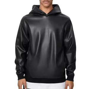 Custom Men's Leather Hoodie <b>Jacket</b> Hooded Bomber Style Outerwear OEM Private Label Wholesale Supplier - Product Image 4