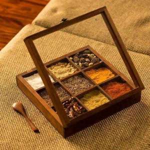 Premium Wooden Spice Box with Glass Lid | Handmade Masala Organizer | Multi Compartment Herb <b>Storage</b> | <b>Kitchen</b> Condiment Holder - Product Image 3