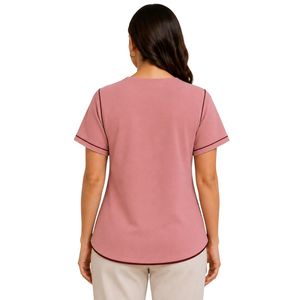 T-shirt asymétrique rose poudré pour femme à manches courtes avec broderie cœur, passepoil contrastant et détails boutonnés – Vente en gros personnalisée décontractée - Product Image 2