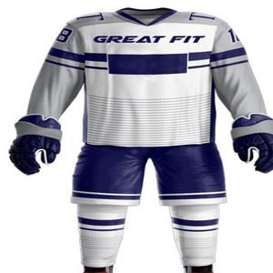 Ensemble d'uniformes de hockey pour hommes, coupe ajustée, blanc et bleu marine, impression par sublimation, polyester respirant, taille adulte, service OEM - Product Image 5