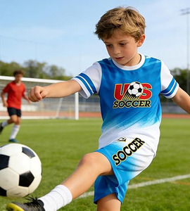 US Soccer Kids Jersey Set Short Sleeve Gradient Blue White 100% Polyester Heat-Transfer Printed Breathable Sports Fitness - Product Image 4