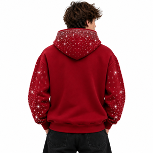 <b>Men</b>’s <b>Burgundy</b> Rhinestone Star Print Pullover <b>Hoodie</b> Premium Oversized Streetwear Sweatshirt - Product Image 3