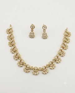 Circular Pattern American Diamond Necklace <b>Set</b> With Matching Delicate Earrings Antique <b>Gold</b> Plated And Light Weight Necklace <b>Set</b> - Product Image 1
