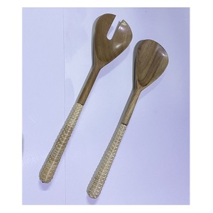 Wholesale Price Acacia Wood <b>Salad</b> Server Set With Rattan Handle Kitchenware Wooden Utensils <b>Salad</b> <b>Spoon</b> Set Wooden Serving <b>Spoon</b> - Product Image 1