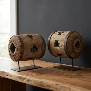 <b>Vintage</b> Heavy Wooden Cylindrical Wheel Sculpture Metal Stand Console <b>Sideboard</b> Display Decor for Living Room Bedroom Farmhouse - Product Image 5