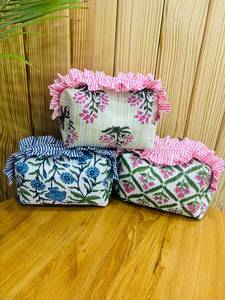 Soft cotton cosmetic organizer with decorative frill zipper <b>makeup</b> <b>case</b> travel quilted pouch beauty essentials holder For Gifts - Product Image 5