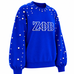 Zeta Phi Beta <b>Women's</b> <b>Blue</b> Pearl Embellished Cotton <b>Fleece</b> Sweatshirt Crewneck Embroidered Greek Letter Sorority Casual Pullover - Product Image 4