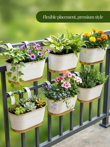 Jardinière murale en métal blanc avec bordure dorée, pot de fleurs suspendu pour jardin, pot de fleurs décoratif en métal, jardinière de fenêtre, conteneur pour plantes - Product Image 5