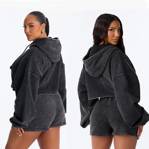 Women's Trendy Crop Zipper Hoodie and Drawstring Shorts Sets Plus Size &Slim Fitted Casual Fashion Regular Clothing Manufacturer - Product Image 4