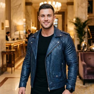 LEATHER SPOT Hooded Polyester Lining <b>Men's</b> Embossed Leather Plaid Zipper Motorcycle <b>Jacket</b> Breathable <b>Summer</b> Casual Style - Product Image 3