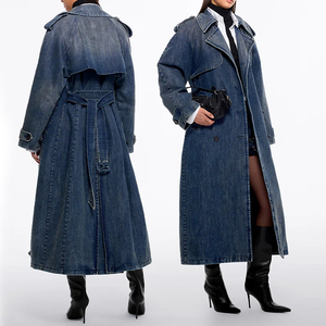 Gabardina Larga de Mezclilla Azul para Mujer, Chaqueta Cruzada con Cuello de Solapa y Cinturón - Product Image 4