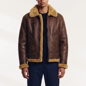 Men’s <b>B3</b> Inspired Brown Real Leather Shearling <b>Jacket</b>, Light Distressed Aviator <b>Bomber</b> Leather <b>Jacket</b> with Fur Collar - Product Image 3