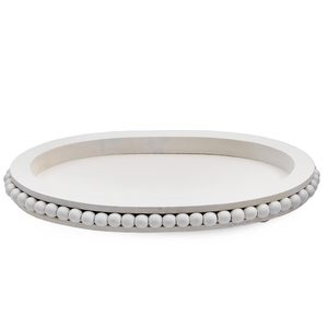 Bandeja Redonda Decorativa de Madera Blanca con Borde de Cuentas y Borde Elevado, Estilo Rústico para Centro de Mesa o Mesa de Café - Product Image 1
