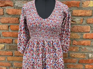 Vestido Midi Bohemio de Algodón Hecho a Mano en India, con Estampado Floral, Cuello en V, Informal, para Fiesta, Talla Grande, Artesanal - Product Image 6