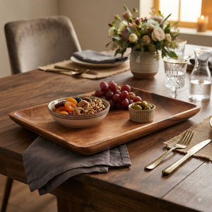 Plateau de service rectangulaire en bois, finition vernie, design minimaliste, vaisselle, plateaux de service pour aliments et boissons, passe au lave-vaisselle - Product Image 6