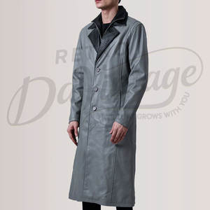 <b>Mens</b> Premium <b>Grey</b> Leather Trench Coat Long Winter <b>Overcoat</b> with Inner Zipper Layer Genuine Leather Double Collar Jacket - Product Image 3