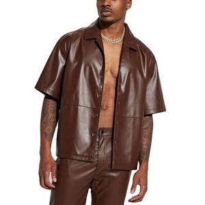 Custom High Quality Men's Short Sleeve Faux Leather Stand Collar T-<b>Shirt</b> Jacket Chest Pocket Eco-Friendly Breathable Anti-shrink - Product Image 5