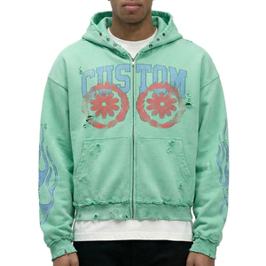 Sudadera con capucha y cremallera frontal personalizada para hombre, estilo oversize, diseño floral, serigrafiada, de algodón verde con forro polar. - Product Image 1