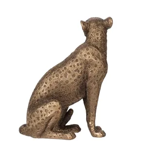 Sculpture en métal de léopard assis en bronze antique, statue de chat sauvage de luxe pour le salon, le bureau et la décoration de la maison de style safari - Product Image 4