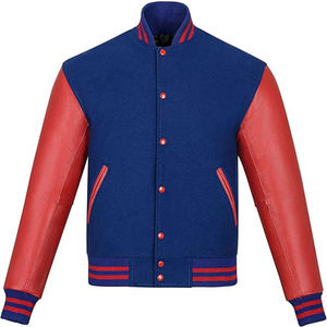 Men's Blue Wool Varsity <b>Jacket</b> With Orange <b>Leather</b> Sleeves Stand Collar Preppy Style Autumn Wear - Product Image 4