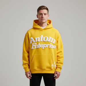 Sweat à capuche jaune pour homme, personnalisé avec impression en relief, en molleton épais, broderie de lettres en mousse, coupe oversize, style streetwear, sweat-shirt vierge - Product Image 5