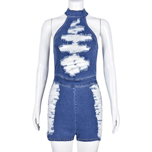 Combinaison en jean pour femme, col montant, sans manches, déchirée, bords effilochés, style club sexy, longueur au-dessus du genou, tenue d'été - Product Image 4