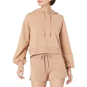 Ensemble 2 pièces pour femmes, sweat-shirt court à capuche et short en tricot, couleur unie, coupe ample, tenue décontractée, printemps-été - Product Image 4
