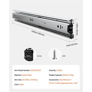 Glissières de tiroir à roulement à billes à extension complète de 22 pouces, 10 paires, capacité de charge de 100 lb, rails robustes à montage latéral pour commodes et armoires - Product Image 6