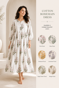 Bohemian Hand Block Printed Cotton Maxi <b>Dress</b> Women <b>Long</b> Puff Sleeve Tie Neck Floral Casual Summer <b>Beach</b> <b>Dresses</b> Wholesale - Product Image 4