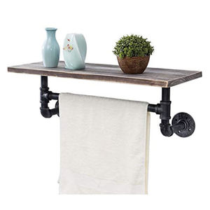 Industrial Wood Wall <b>Shelf</b> With Iron <b>Bracket</b> Single Tier Storage Rack <b>For</b> Bathroom Towel Holder - Product Image 1