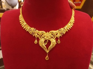 Collier ras-de-cou floral en or massif 22 carats, bijoux de mariée indiens traditionnels en filigrane, ensemble de mariage artisanal en or pur 916 - Product Image 1
