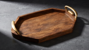 Plateau de service octogonal en bois de manguier teinté noyer, plateau décoratif géométrique en bois avec poignées latérales élégantes finition or - Product Image 5