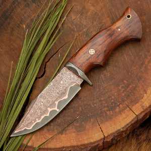 Copper Damascus Hunting Knife, Raindrop Pattern With Rosewood Handle - Product Image 4