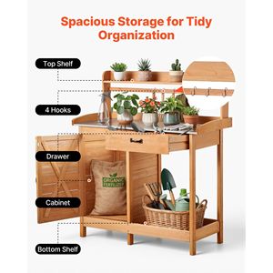 Tavolo da Giardinaggio 3-in-1 in Legno per Esterni 44 X 19 con Piano in Ferro Zincato, Postazione di Lavoro Multifunzione con Spazio di Archiviazione - Product Image 5