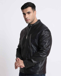 2026 New <b>Vintage</b> Style Men's Black Leather Moto <b>Jacket</b> Stand Collar Zipper Closure Slim Fit Regular Length Autumn Wear - Product Image 1