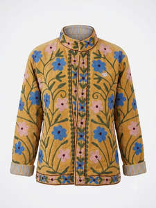 Chaqueta Reversible de Terciopelo Amarillo Mostaza para Mujer, Bordada con Diseño Suzani, Mangas Largas, Cuello Mandarín, Estilo Boho - Product Image 1