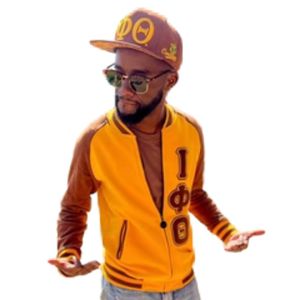 Veste en molleton dorée Iota Phi Theta, style universitaire, marron et or, vêtements grecs, style Letterman, veste premium ajustée - Product Image 6