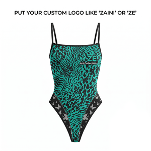 Traje de Baño Premium para Mujer, 200 GSM, Poliéster y Spandex, Color Verde Azulado y Negro, Panel Frontal Estampado con Mariposas, Paneles Laterales con Transferencia Térmica, Logotipo Personalizado - Product Image 1