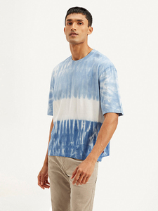 Camiseta Casual de Manga Corta con Cuello Redondo para Hombre, Tie-Dye Azul y Blanco, Corte Regular, Tejido de Punto Jersey, Algodón Transpirable - Product Image 5