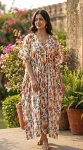 Handcrafted Indian Cotton <b>Kaftan</b> <b>Dress</b> <b>Womens</b> Floral V Neck Drawstring Waist - Product Image 4