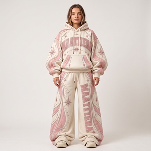 Conjunto de Sudadera con Capucha y Pantalones Anchos de Chándal Rosa Crema con Pedrería para Mujer, Adornado con Estrellas, Talla Grande, Personalizado OEM ODM al por Mayor - Product Image 1