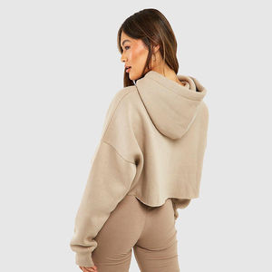 Sweat-shirt à capuche court beige uni pour femme, à manches longues, en molleton, avec logo personnalisé, OEM, ODM, vente en gros de vêtements - Product Image 4