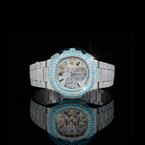 Montre chronographe de luxe en moissanite, boîtier rond de 42 mm, bracelet en acier inoxydable, mouvement à quartz analogique, fermoir déployant, unisexe - Product Image 1