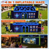 Labyrinthe gonflable commercial bleu 9x9m avec 4 jeux interactifs, parcours d'activités personnalisé pour la location dans les parcs, les carnavals et les festivals