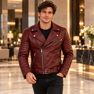 Veste en cuir véritable pour homme, couleur bordeaux, avec ceinture et col à revers, style motard, avec manches matelassées, pour le quotidien et la vente en gros - Product Image 6