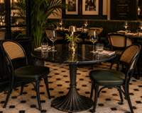 Meubles de restaurant et de café commerciaux, table de bistrot pliable en métal et plateau en marbre noir, base en métal, table à manger