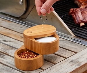 Boîte à épices en bois à deux niveaux avec couvercle pour le stockage du sel et des épices, finition naturelle artisanale, ustensile de cuisine durable - Product Image 4